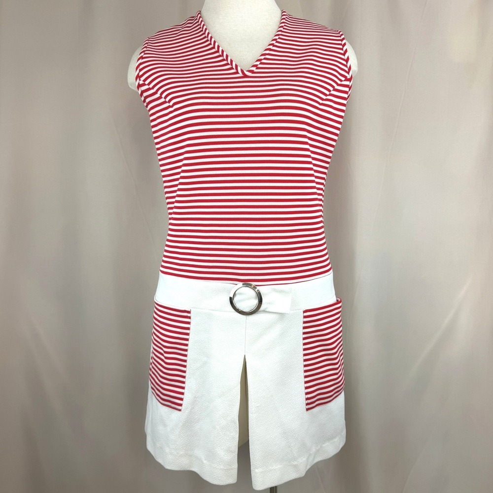 Vintage Women's Mini Tennis Romper (M) Skort Pockets Pickleball Stripe Pop Mod
